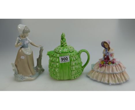 Ye Dainty Laydee teapot, Royal Doulton figure Daydreams (crack to base and chip to bonnet) and Nao figure of a girl (broken a