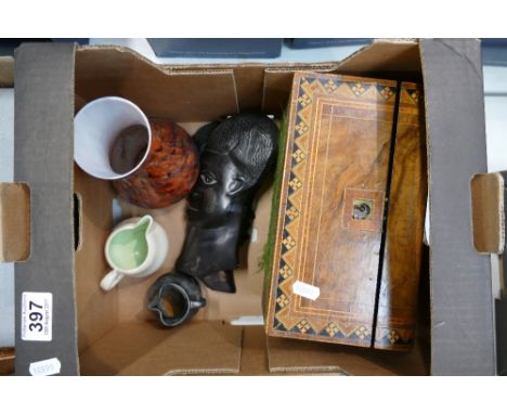 A mixed collection of items to include inlaid walnut tea caddy, ebony African carved heads and ceramic items, etc.