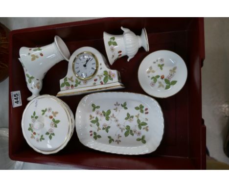 A collection of Wedgwood Wild Strawberry items to include trinket plates, mantle clock, vases, etc. (7)