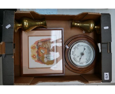A mixed collection of items to include oak framed precision barometer, heavy brass vases, together with framed tapestry, etc.