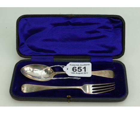 Silver spoon and fork hall marked for Birmingham, boxed (54.9g)