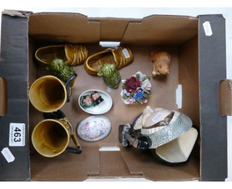 A mixed collection of items to include Sylvac figures of dogs and slippers, similar boots together with Royal Doulton novelty