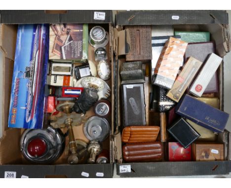 A mixed collection of smoking related items to include trench art type ashtray lighter, Bakerlite cigarette boxes, cigar boxe