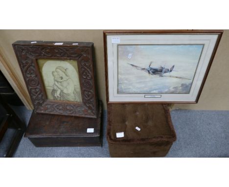 A mixed collection of items to include oak framed religious icon, boxed oak casket, small corduroy pouffe, and framed print o