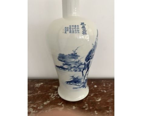 CHINE - XIXe siècle VASE de forme meiping à col tubulaire Le décor d'une scène animée Porcelaine et bleu sous couverte Marque