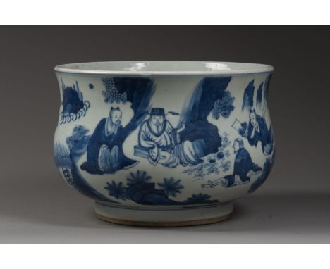 CHINE - Epoque KANGXI (1622-1722) BRÛLE-PARFUM à décor de lettrés sous les frondaisons Porcelaine et bleu sous couverte H. 15