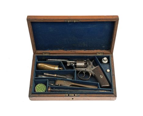 A CASED 80-BORE PERCUSSION WEBLEY PATENT WEDGE-FRAME REVOLVER, no visible serial number, circa 1860, with blued 4 3/8in. unsi