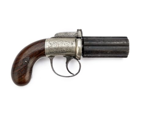 A 100-BORE PERCUSSION PEPPERBOX REVOLVER SIGNED BUSSEY, LEICESTER, no visible serial number, circa 1840, with fully fluted 2 