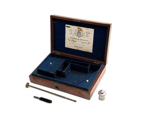 A MAHOGANY PERCUSSION REVOLVER CASE FOR A COGSWELL &amp; HARRISON RETAILED TRANTER, probably an 80-bore double-trigger type, 