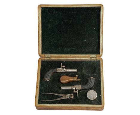 A PAIR OF 80-BORE PERCUSSION RIFLED CONTINENTAL POCKET PISTOLS, UNSIGNED, serial numbered 8, in a later case, French or Belgi