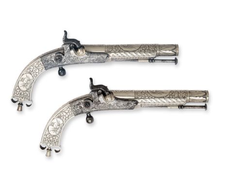 A PAIR OF 40-BORE PERCUSSION WHITE-METAL BELT PISTOLS FOR HIGHLAND DRESS SIGNED CAMPBELL, no visible serial numbers, second h