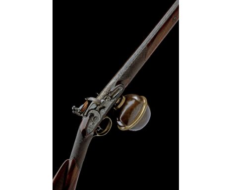 A RARE 80-BORE BALL-RESERVOIR PNEUMATIC AIR RIFLE SIGNED HARRISON, WITH FLINT LOCK AND ORIGINAL PUMP, probably John Harrison,