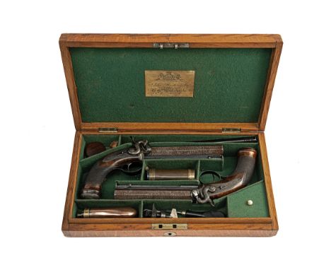 JOHN MANTON &amp; SON, LONDON A GOOD CASED PAIR OF 20-BORE PERCUSSION TRAVELLING or CARRIAGE BELT PISTOLS, no visible serial 