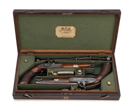 A GOOD CASED PAIR OF .650 PERCUSSION OFFICER'S PISTOLS SIGNED T.K. BAKER, LONDON, serial numbered 182, for 1846-49, with brow
