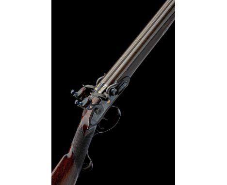 AN 18-BORE FLINTLOCK DOUBLE-BARRELLED SPORTING GUN SIGNED HAUGH, DUMFRIES, no visible serial number, circa 1800, with re-brow