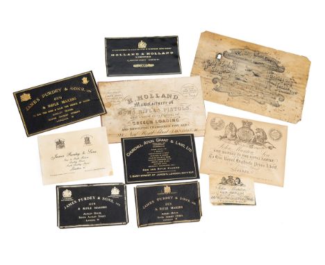 A COLLECTION OF ORIGINAL GUNCASE TRADE LABELS, including three variations of the gilt-tooled leather 'James Purdey &amp; Sons