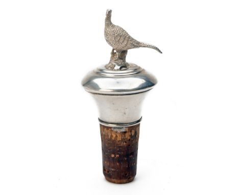 A.J. POOLE A STERLING SILVER PHEASANT TOPPED CORK BOTTLE STOPPER, with silver hallmarks dated 1995.