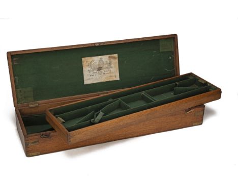 AN ANTIQUE OAK TWO-TIER GUNCASE FOR A PAIR OF JOSEPH LANG PERCUSSION DOUBLE-BARRELLED SPORTING GUNS, lined and compartmented 