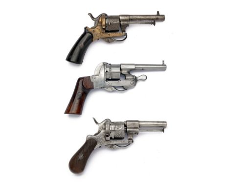 A TRIO OF 7mm PINFIRE POCKET REVOLVERS OF VARIOUS DESIGNS, no visible serial numbers and 119, all circa 1865, the first Belgi