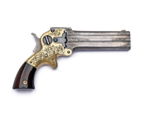 AN EXTREMELY RARE ENGRAVED .32 (RIMFIRE) W. MARSTON PATENT 4IN. THREE-BARRELLED DERRINGER PISTOL, serial no. 577, circa 1864,