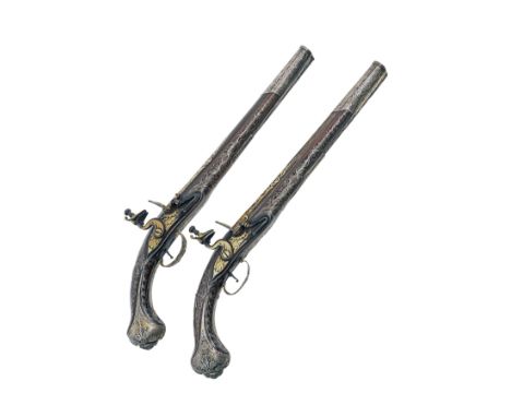 A PAIR OF 20-BORE FLINTLOCK WHITE-METAL MOUNTED OTTOMAN HOLSTER PISTOLS WITH GILT DECORATION, UNSIGNED, no visible serial num