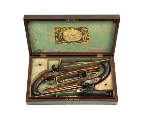 A CASED PAIR OF 28-BORE FLINTLOCK DUELLING PISTOLS SIGNED BLAKE, LONDON, no visible serial numbers, circa 1795 and of Wogdon 