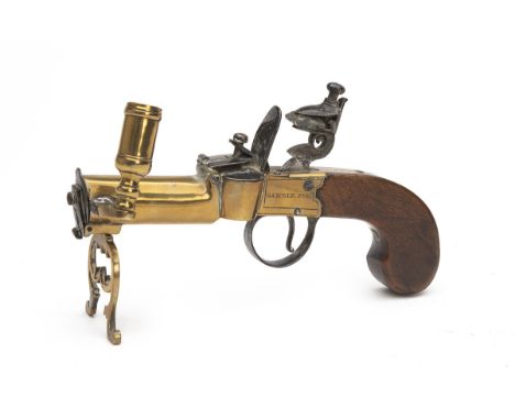 A RARE ALL-BRASS ENGLISH FLINTLOCK TINDER LIGHTER SIGNED GAMBLE JUN'R., WISBEACH (sic), no visible serial number, circa 1800,