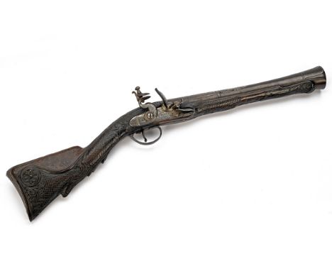 A GOOD OTTOMAN 28-BORE FLINTLOCK BLUNDERBUSS BREAST PISTOL WITH WHITE-METAL ENHANCEMENT SIGNED MANUERE, no visible serial num