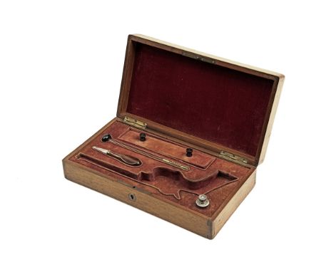 A CONTINENTAL WALNUT PISTOL CASE FOR A LONG-BARRELLED PINFIRE REVOLVER, Belgian market, measuring externally 12 1/4in. x8 1/2