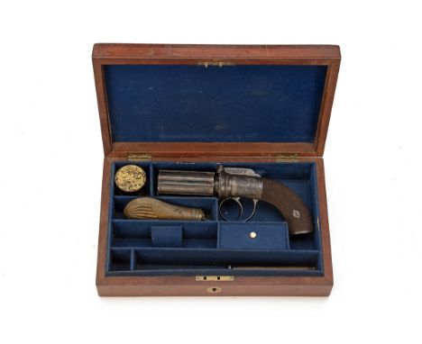 A CASED 80-BORE PERCUSSION BAR-HAMMER PEPPERBOX REVOLVER, UNSIGNED, no visible serial number, English circa 1845, with fully 