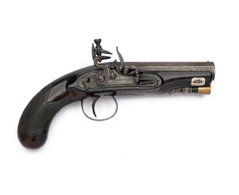 A 36-BORE FLINTLOCK OVERCOAT PISTOL SIGNED FLEWITT, no visible serial number, circa 1805, with octagonal laminated 4in. barre