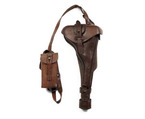 A HOLSTER, MAGAZINE-POUCH AND STOCK-BOARD FOR A WW1 PO8 LANGE ARTILLERY LUGER, serial no. 1198, the holster signed 'A. DAHL, 