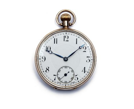 A 9K YELLOW GOLD OPEN-FACE KEYLESS POCKET WATCH OF SHOOTING INTEREST, with unsigned Swiss 15 jewel movement featuring engine 