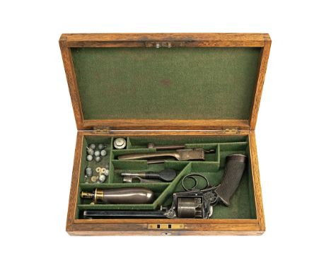 A CASED 54-BORE PERCUSSION ADAMS 1851 PATENT REVOLVER, serial no. 10844, circa 1853, with blued octagonal 6 1/2in. barrel (so