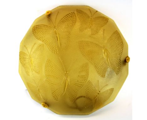 A superb 1920's French frosted glass ceiling light decorated with butterflies, Dia. 39cm.