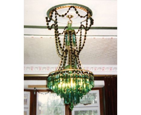 A large green crystal chandelier light fitting currently dismantled, Dia. 41cm.