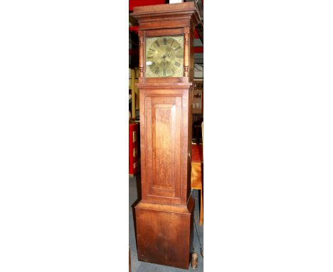 An 18th Century brass dial longcase clock movement by Hardwick of Ashwick in a later oak case, H. 202cm.