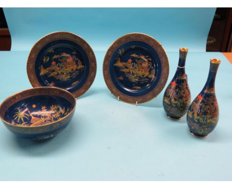 A Carltonware Persian-pattern fruit bowl, pair of similar vases and a pair of plates en suite