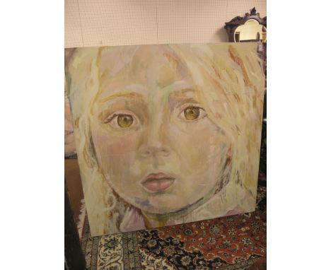 Sandra Shashou - large, modern oil on canvas, stylised portrait of a girl, dated 2006, 5ft. square