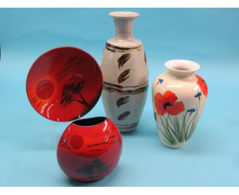 Contemporary ceramics, Poole pottery African Sky plaque and vase, large studio pottery vase, 17in., and an Italian poppy vase