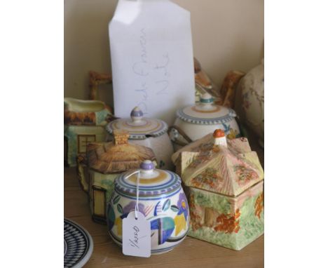 Three Poole pottery polychrome pickle jars, each with cover, and five items of Cottage tea ware, also to include a personal h