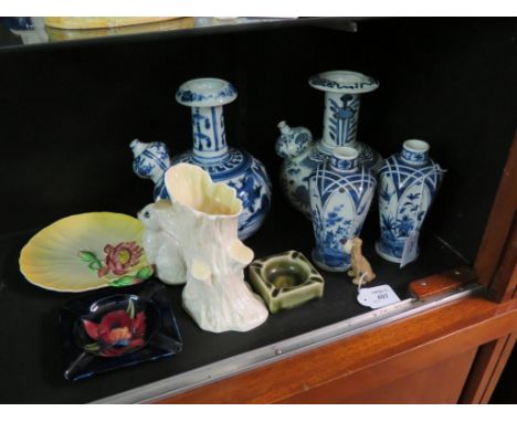 A Moorcroft ashtray, two pairs of Chinese blue and white vases, Carltonware leaf-dish, (10)