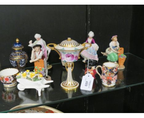 An Art Nouveau Mintons cup and cover, 6in. - some damage, Spode Japan-pattern miniature jug and bowl, group of four ceramic f