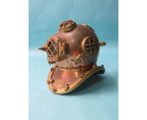 A reproduction U.S. Navy Diving Helmet, bearing label, Morse Diving Equipment Inc., Boston, Mass., No. 9610, 12-bolt construc