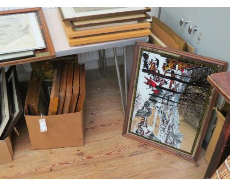 A set of four framed pictures, framed prints, oil portrait, etc. 