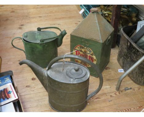 Pre-war automobilia:  BP water can, another with royal cypher, GR, and a Pratts Tractor Oil can, as viewed