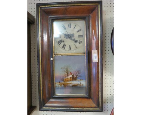 A 19th century Connecticut shelf clock, rosewood-veneered case with painted trunk door, unusual with spring-driven movement, 