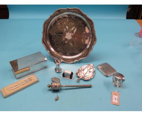 A pair of engine-turned silver pencils, HMS Belfast, silver plated cigarette case, plated and engraved salver, etc. 