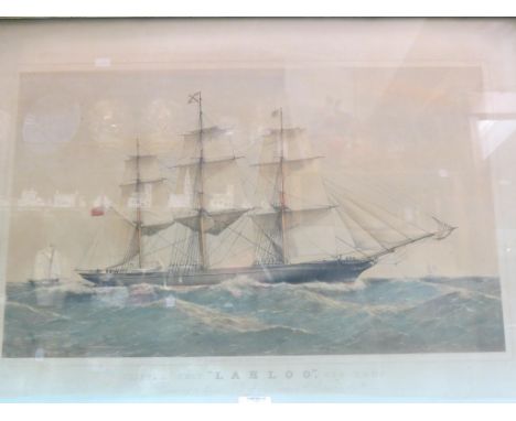 A Victorian lithographed ship portrait, "Lahloo", clipper in full sail, after T. G. Dutton, 1867, 20 x 29in.