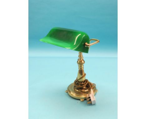 A brass desk-lamp, with green glass shade, and a Victorian turned mahogany toilet mirror, with oval plate